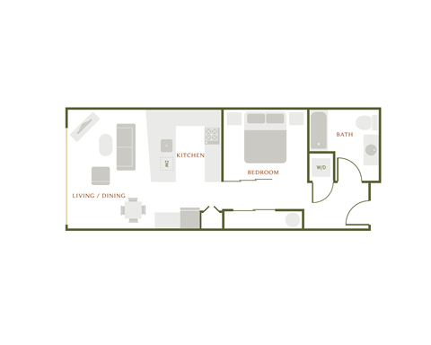 Floor plan for 1 bed, 1 bath, 595 sqft